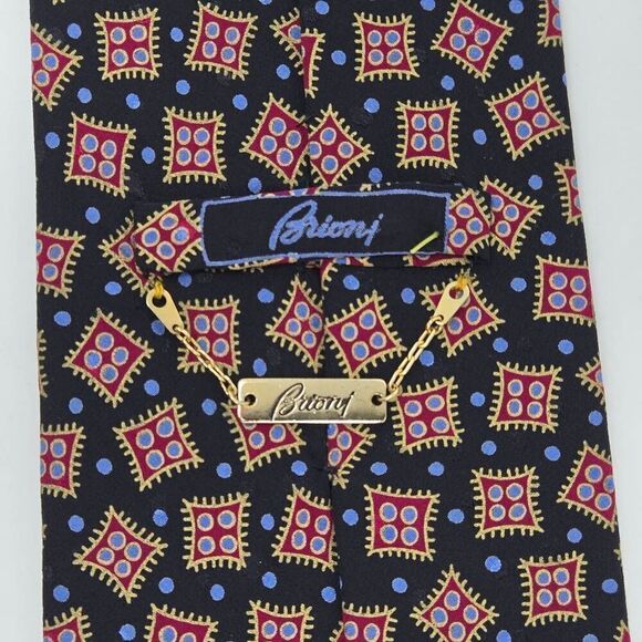 BRIONI SILK TIE BLACK RED BLUE DOMINOES GEOMETRIC PATTERN GOLD TAG 4" X 59" - Picture 3 of 4